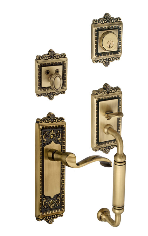 Windsor Handleset with Deadbolt and Door and Rosette, Vintage Brass