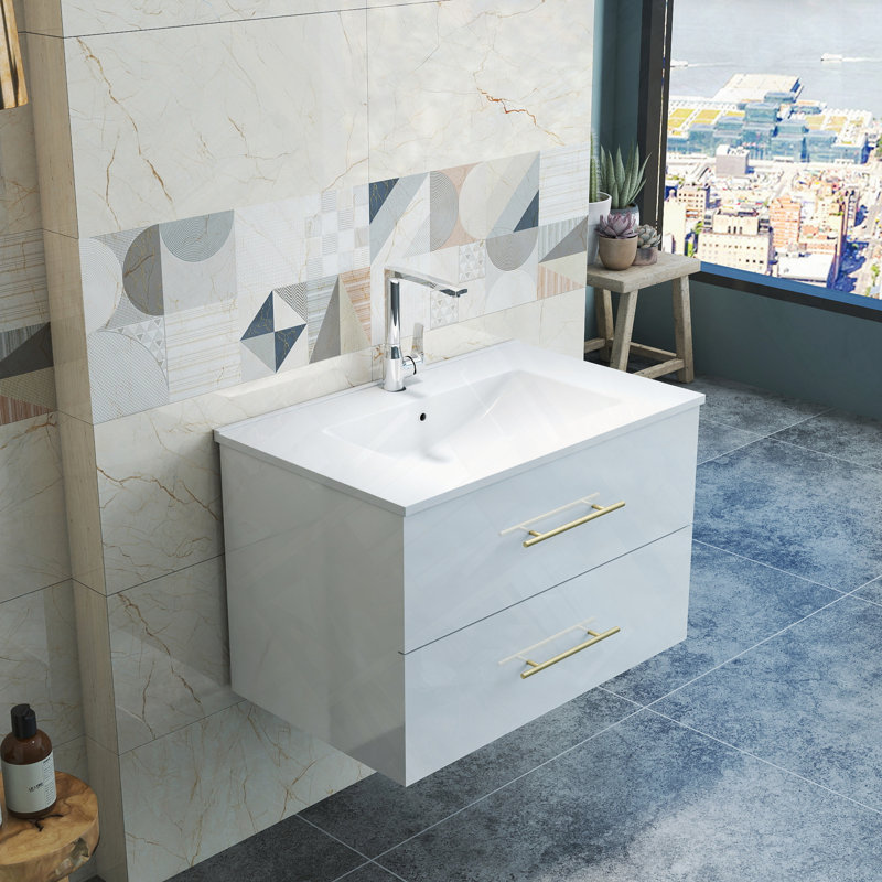 Meuble-lavabo mural avec double tiroir et longue poignée en métal, Blanc lustré