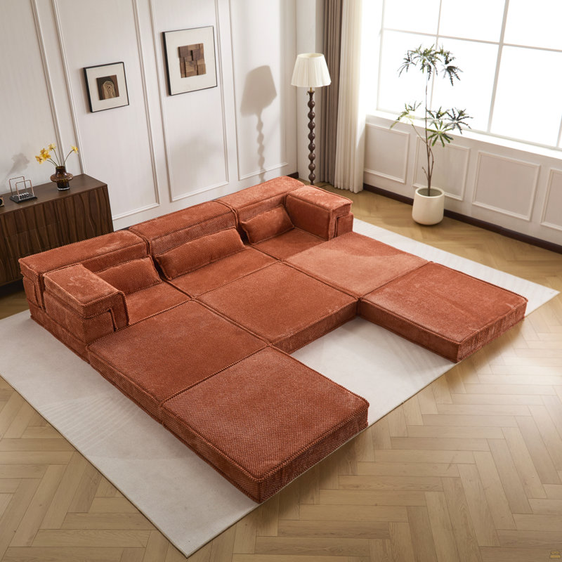 Compression Mahjong Sofa,Convertible Floor Sofa Bed,Diy Boneless Modular Sectional Sofa,No Assembly Required, Orange Fabric