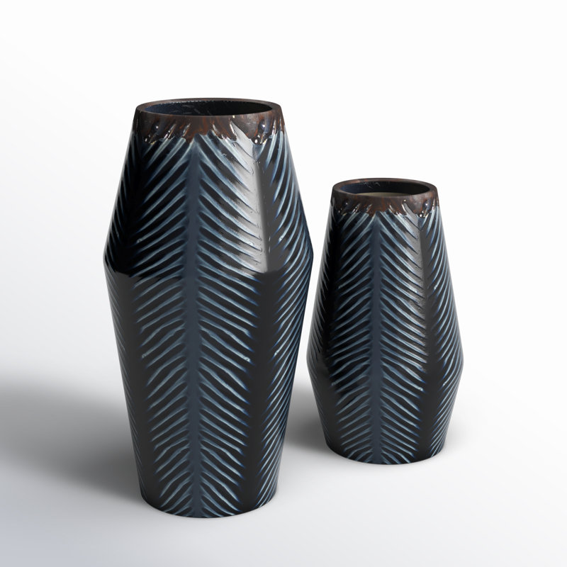 Dark Blue Chevron Ceramic Table Vase Set, 2-Piece