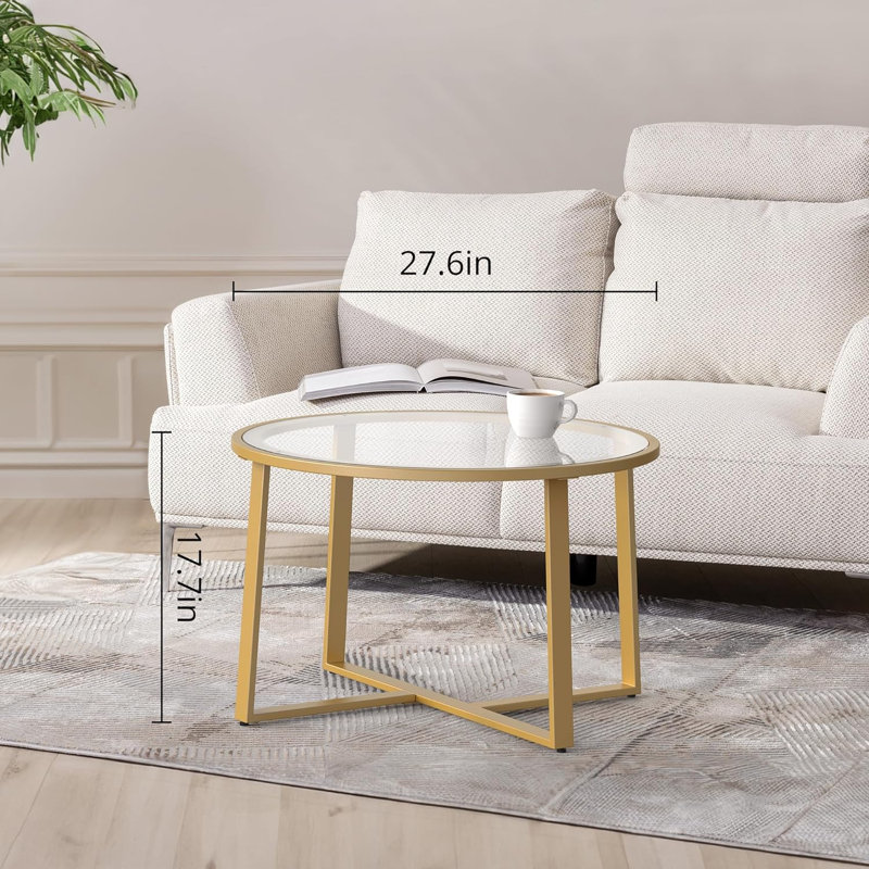 Evajoy Glass Top Coffee Table, 27.6" Alloy Steel Round Coffee Table, Gold
