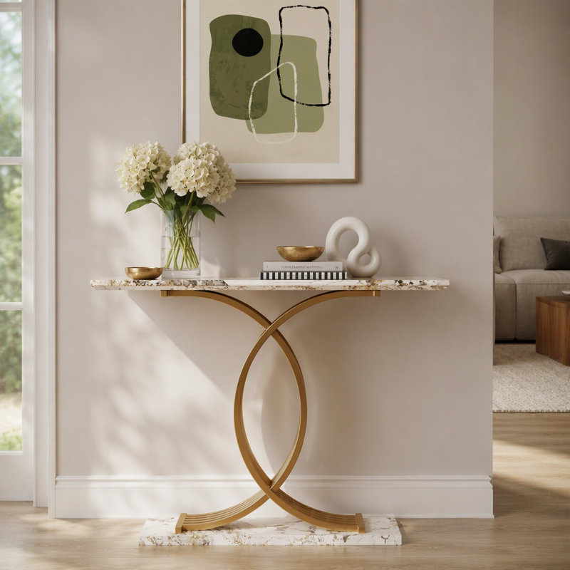 Console d'appoint avec pieds en métal entrelacés dorés et plateau en pierre, Blanc / or + blanc, Blanc, Gold+White