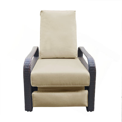Fauteuil inclinable d'extérieur, fauteuil inclinable réglable automatique en osier avec coussin confortable, structure en aluminium toutes saisons, osier brun et coussin kaki