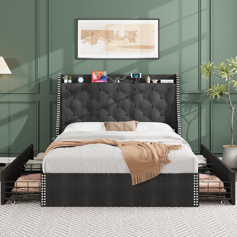 Base de lit tapissier grand lit avec tiroirs de rangement, tête de lit à oreilles et station de charge, gris