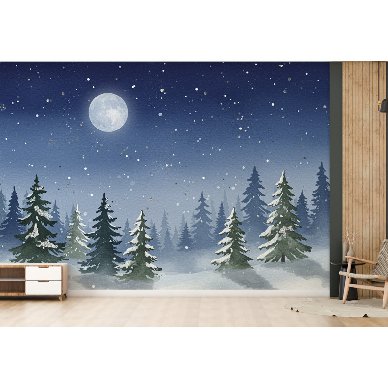 Murale forêt clair de lune au clair de lune - Scène de nuit aquarelle enneigée à feuilles persistantes avec étoiles - Art mural enchanté pour chambre de bébé ou chambre à coucher 811RS (Peel-N-Stick) RS811