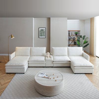 Canapé modulaire en forme de U de 140 po, canapé modulaire modulaire, canapé 6 places avec repose-pieds mobile, siège profond et dossier réglable. Canapé pour salon, chenille, blanc