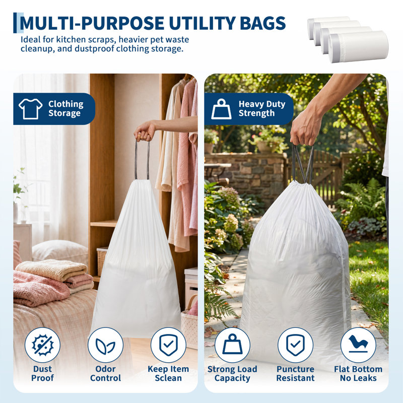Heavy Duty 30L/8 Gallon Drawstring Kitchen Trash Bags - HDPE Puncture-Resistant Leakproof & Water-Resistant Bin Liners, 50 Count, 50x80 cm - Color: Gray-white