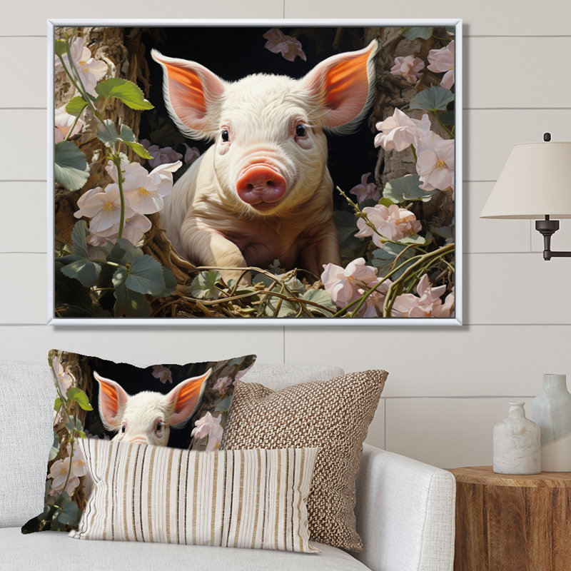 Cute Pig Playing In Flowers II - Animals Wall Decor, H 12 po x l 20 po x P 1 po, Cadre flottant blanc