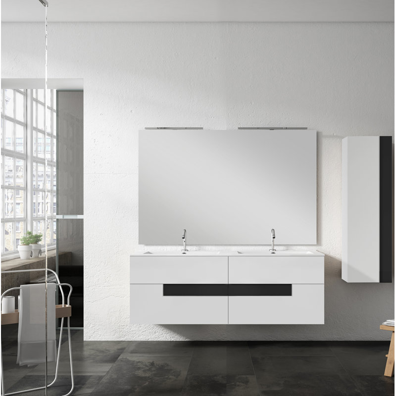 Malika 64'' Double Bathroom Vanity with Resin Top, White/Black