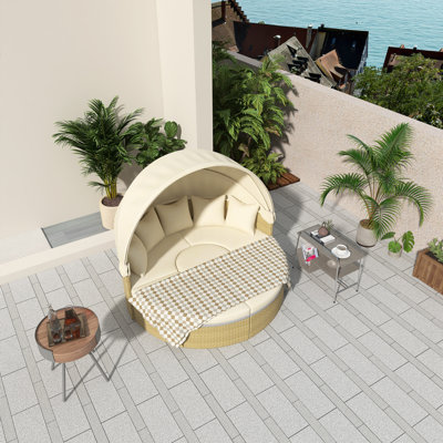 Utdoor Rattan Daybed With Retractable Canopy, 2-Tone Wicker Patio Sectional Sofa Set With Separate Seating & Removable Cushions