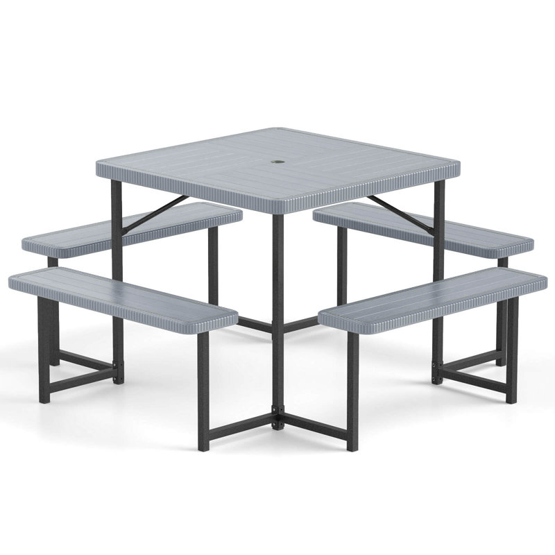 Picnic Table Bench Set For 4-8 People With Umbrella Hole All-weather Hdpe Tabletop White, Gray