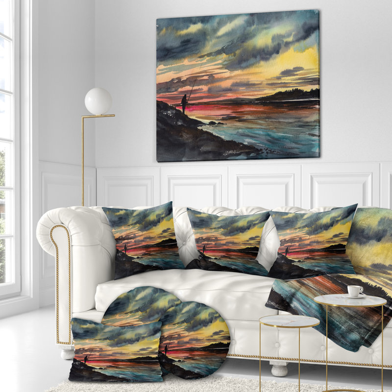 " Landscapes Fishing Man Over Sunset Sky ", 30" H x 40" W x 1.5" D, Wrapped Canvas
