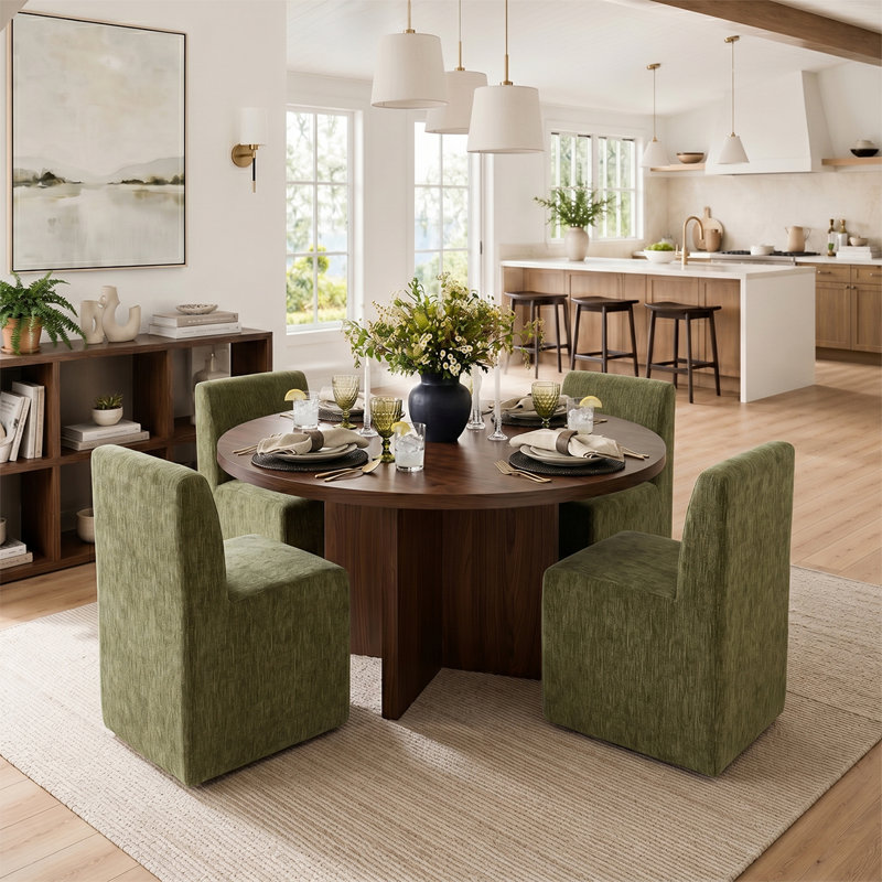 Ensemble de table de salle à manger 5 pièces avec chaises rembourrées entièrement assemblées sur roulettes, Green