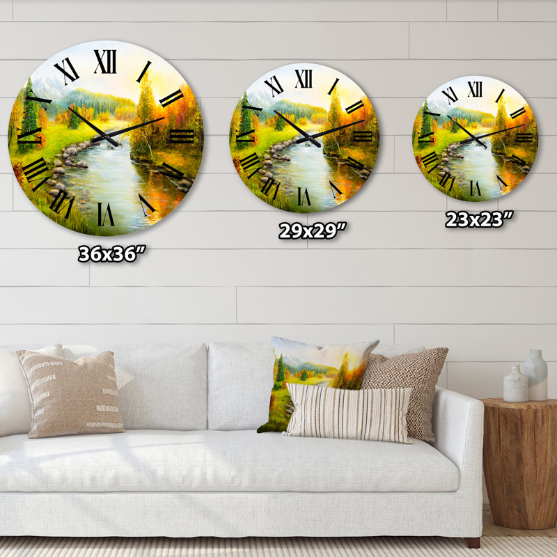Paysage d'automne avec les montagnes de la forêt et la rivière - horloge murale Lake House, Surdimensionné