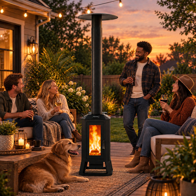 70,000 BTU Wood Pellet Patio Heater with Glass View Window & Wheels, Outdoor Standing Heater for Patio, Backyard, Commercial Use