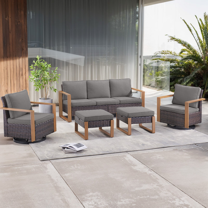 Ensemble de conversation d'extérieur pour 5 personnes avec coussins Kelyse, Gris, Brun