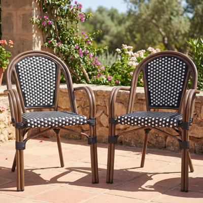 French Bistro Chair Set of 2 | Outdoor Hand-Woven Rattan Wicker Dining Armchair for Patio Porch Garden | Bamboo Print Finish