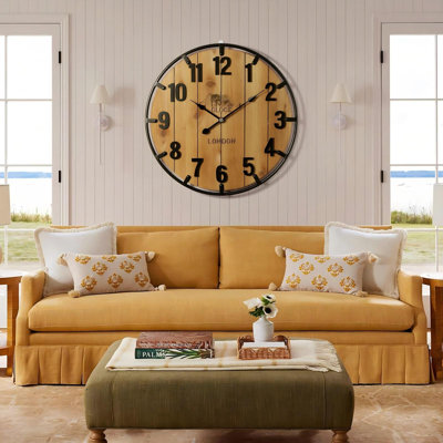 Grande horloge murale arabe en bois 30 pouces avec cercle en métal | Très grande horloge murale décorative en bois avec grand chiffre romain pour le salon / les chambres / les bureaux, silencieuse et à piles