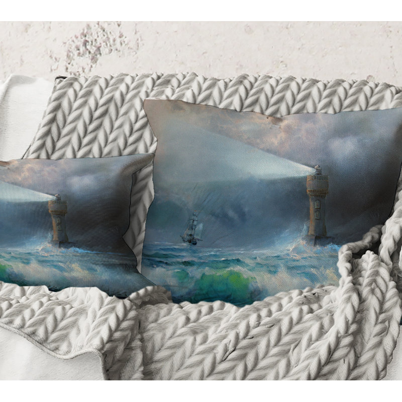 Carré, phare brillant pendant la nuit orageuse II - Coussin décoratif à imprimé nautique et côtier, 16" x 16"