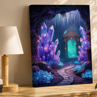 Toile «Mystical Cave Interior Illuminated By Iridescent Crystals» avec art mural imposant Formations de teintes mauves et bleues sur toile