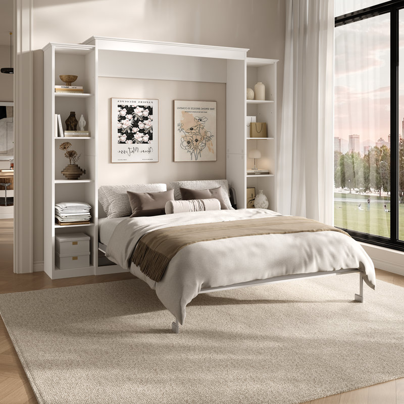 Lit escamotable Murphy avec tablettes de rangement, Lit double, Blanc