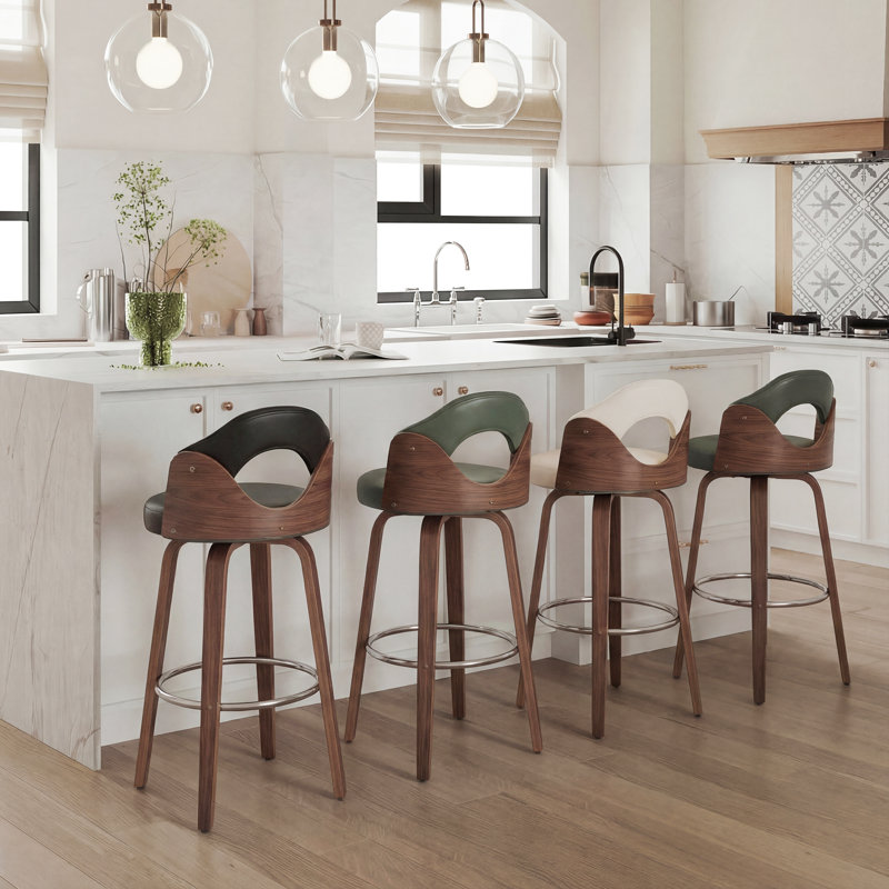 Leona Wooden Faux Leather Stools, Counter Stool (25.2” Seat Height), Beige