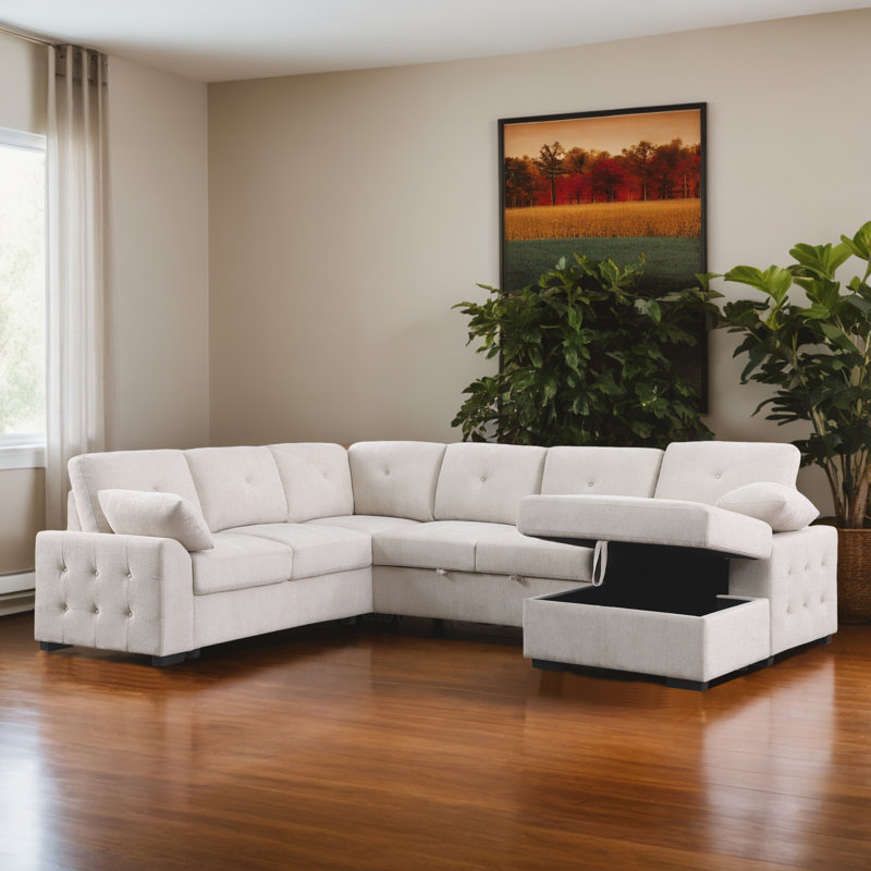 118" Convertible U-shaped Pull-Out Sleeper Corner Sectional Sofa Bed with Storage Chaise, Beige