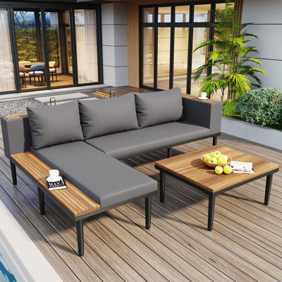 Ensemble de meubles de patio de luxe avec coussins amovibles et table basse, canapé en bois d'acacia en forme de L avec table d'appoint, canapé modulaire d'extérieur pour la cour, véranda, gris