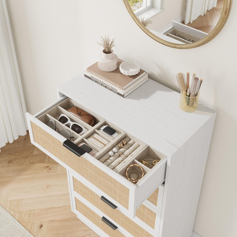 Commode 5 tiroirs en rotin pour la chambre à coucher, corps et pieds de l'armoire intégrés, commode en bois pour les couloirs, les entrées et le placard, assemblage facile