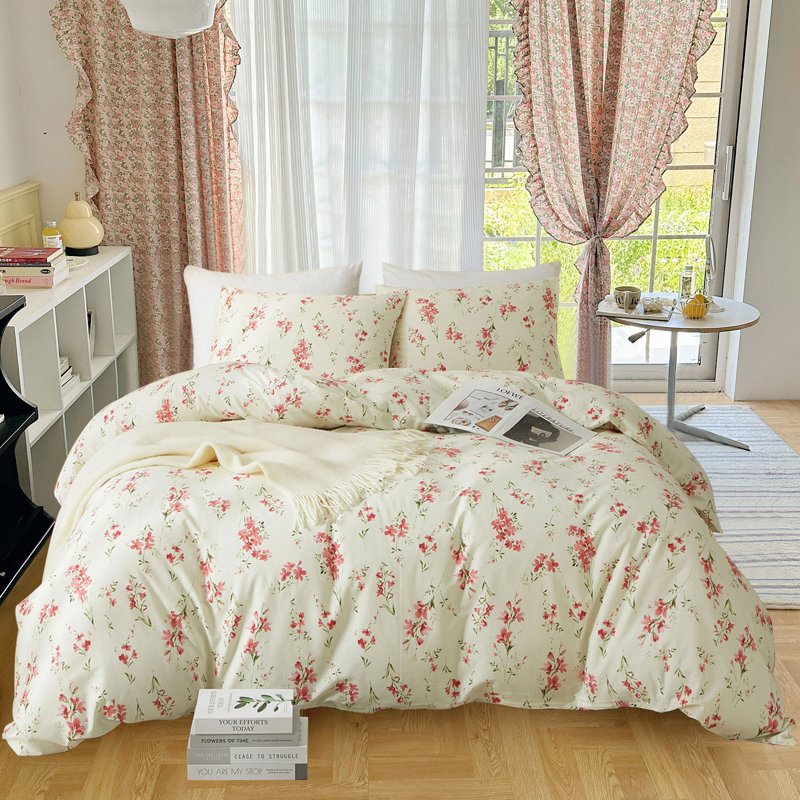  Ensemble de housse de couette en coton floral, Housse de couette simple et deux taies décorative, Floral jaune clair