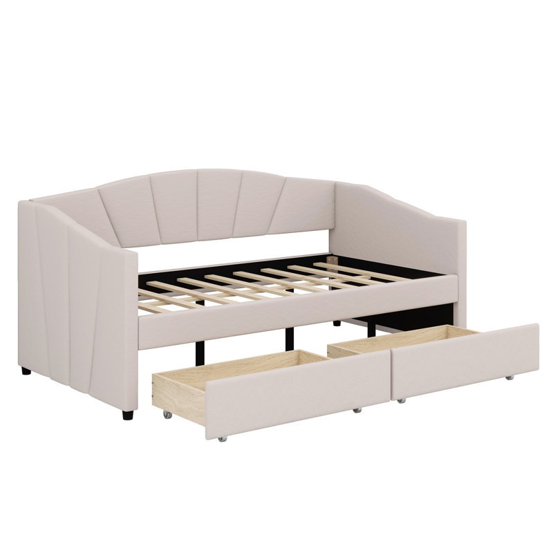 Upholstered Daybed With Two Drawers, Beige