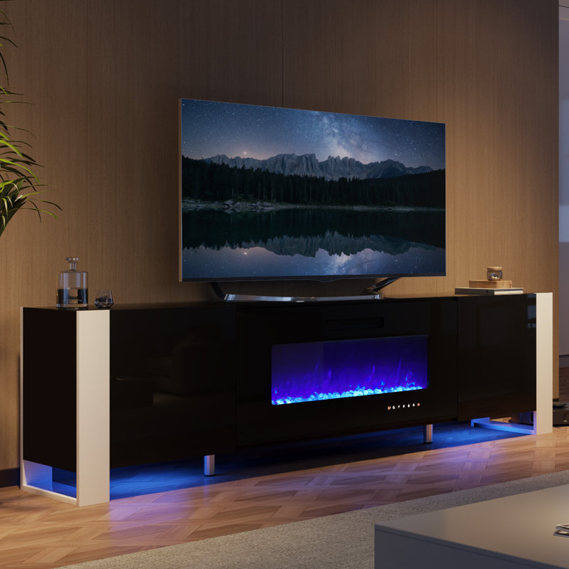 Bhhatu 80" TV Stand with Electric Fireplace Included, All Black, All Black, 80