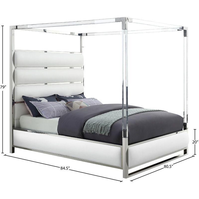 Niviarsiaq Upholstered Metal Canopy Bed, White Vegan Leather, King