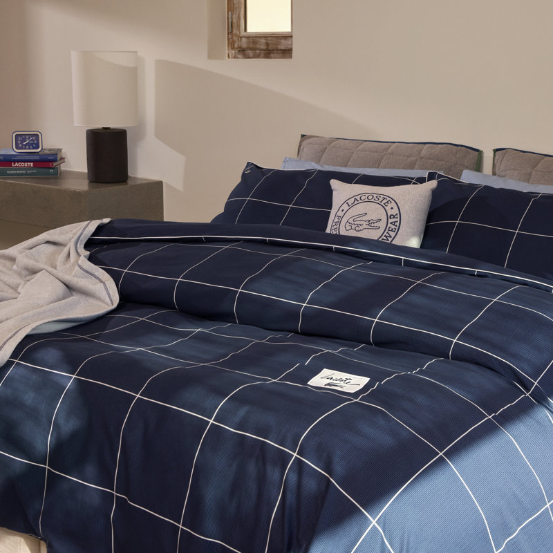 Lacoste Tennis Check 100% Cotton Comforter Set, Soft Breathable All-Season with Embroidered Crocodile, King 3-Piece Navy