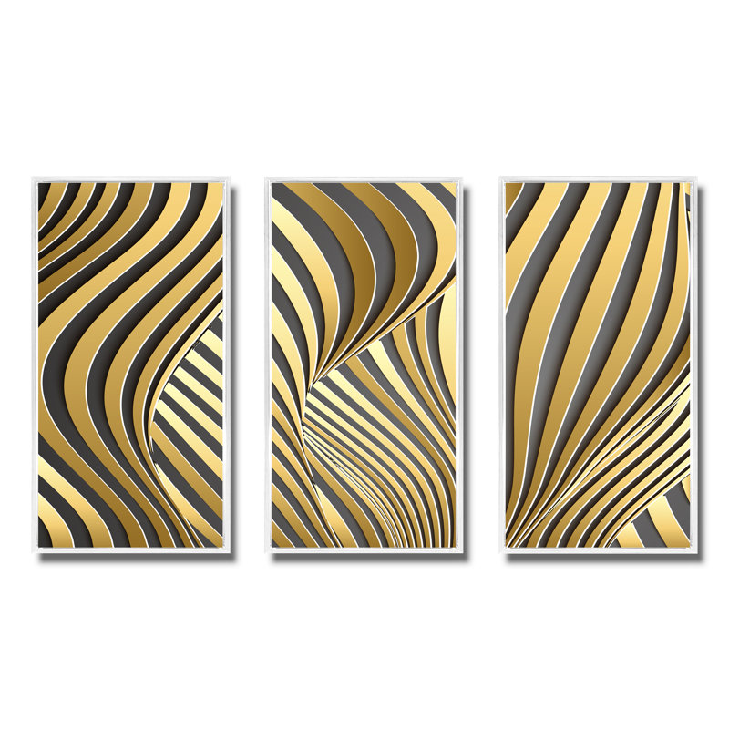 «Wavy Luxury Gold Gradients I», ensemble de 3 reproductions d'art encadrées sur toile, H 20 po x l 36 po, Blanc