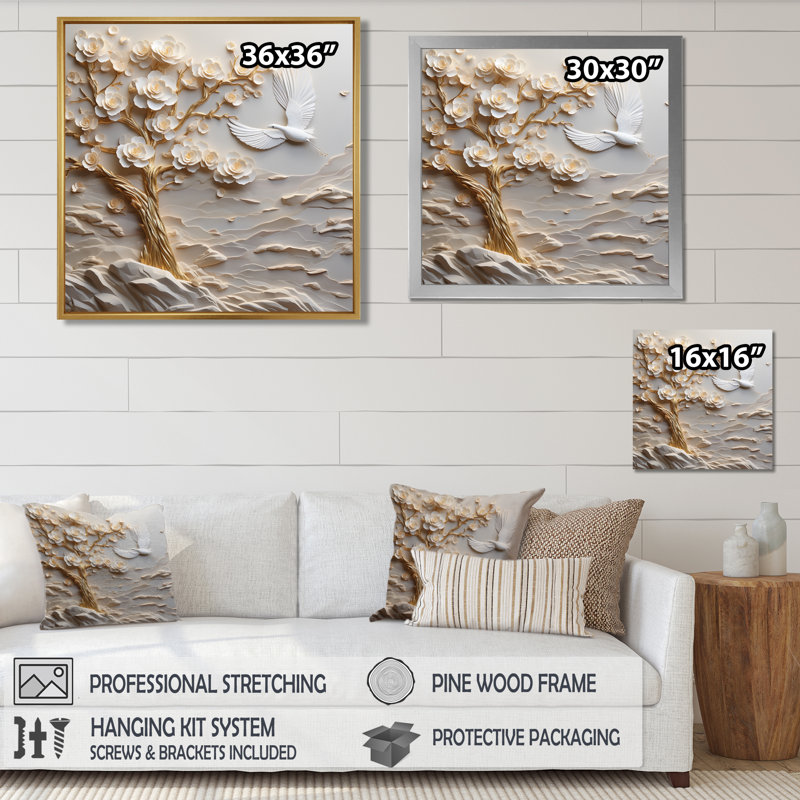 Arbre de paix avec fleurs blanches et colombe blanche - arbre, décoration murale, H 16 po x l 16 po