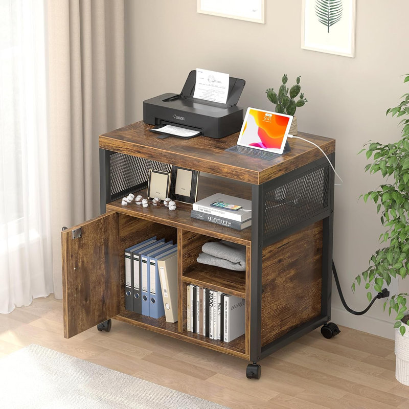Classeur verrouillable rustique brun avec support pour imprimante USB