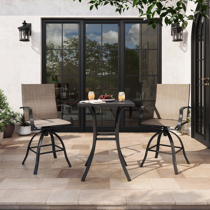 Patio Bar Dining Set With Square Bar Table And Armrest Bar Height Chairs (Set Of 3), Light Brown/Black
