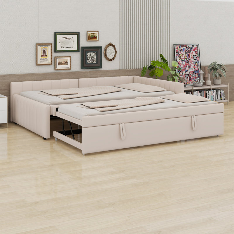 Lit de jour rembourré en L avec lit gigogne escamotable, Beige