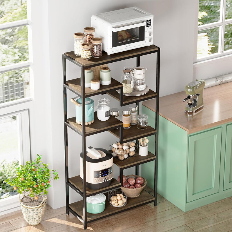 Bookshelf With Storage - 7 Tier Rustic Staggered Bookc...