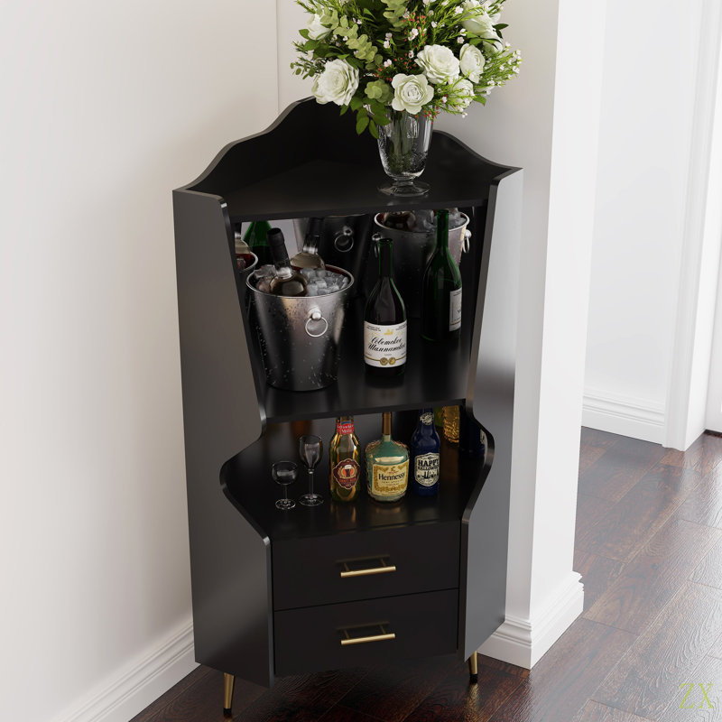 Wooden Corner Bar Cabinet With 2 Open Storage Shelves And 2 Drawers, Mirrored Back Sideboard Cabinet, High Feet/Legs For Easy Cleaning, Buffet Cabinet