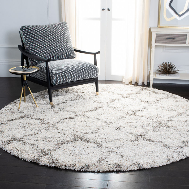 Tapis gris / ivoire en polypropylène tissé à la machine Deauville, Rond 7 pi