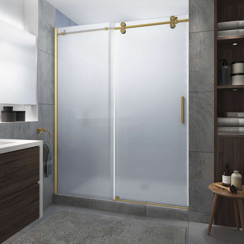 Langham XL 44 - 48" W x 80" H Sliding Frameless Shower Door with Frosted Glass, Brushed Gold