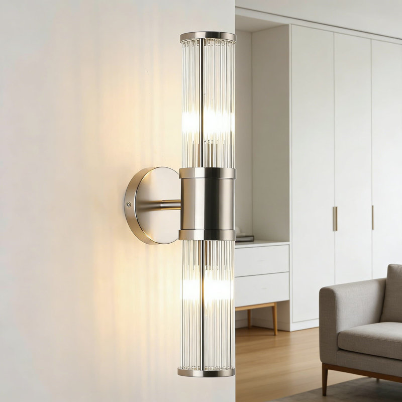 Brushed Nickel Bathroom Vanity Light Fixture, Industrial Up & Down Wall Sconce With Glass Rods, E12 Socket, Hardwired Installation (Bulbs Not Included)