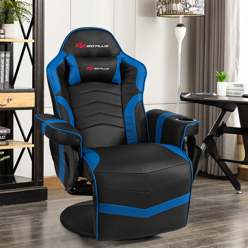 Fauteuil inclinable électrique pivotant de 31,5 po de largeur en simili cuir avec masseur, Similicuir bleu