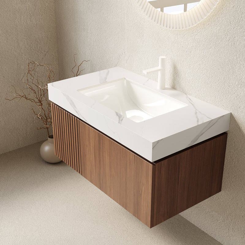 Muri 36" Bathroom Vanity&Sink, Floating Plywood Storage Cabinet With Drawer&Door, Carrara White Sintered Stone Top&Ceramic Basin With 1 Pre-Drilled Faucet Hole, Pre-Assembled, Brown Oak Woodgrain