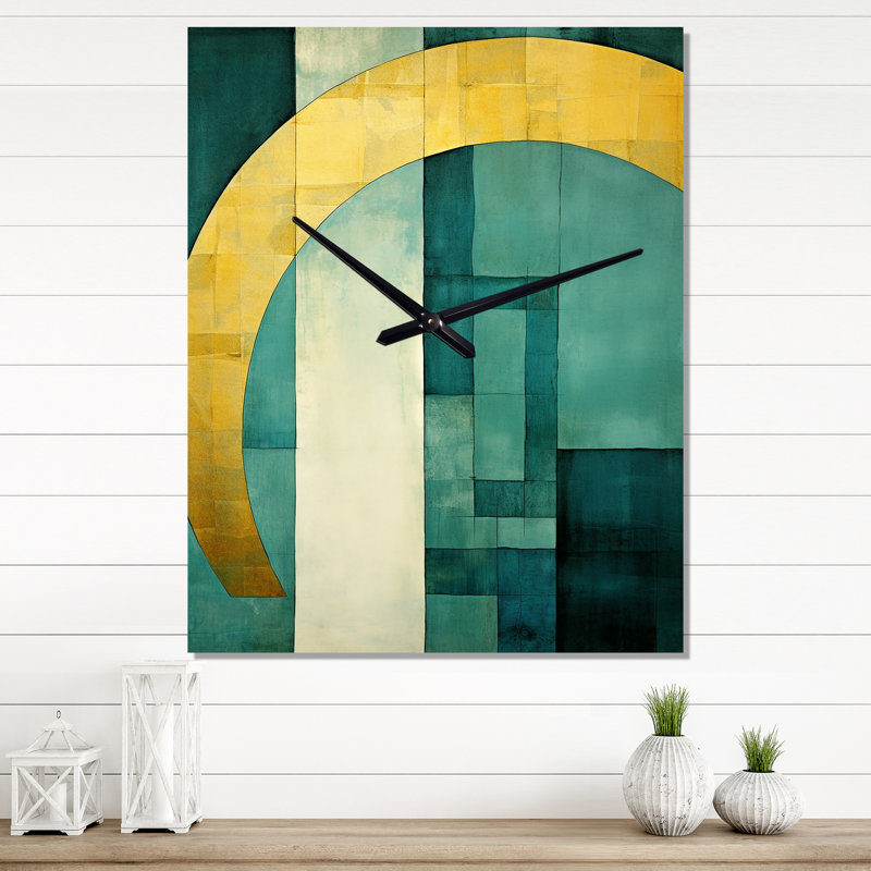 Horloge murale émeraude et dorée I - formes abstraites, Grand