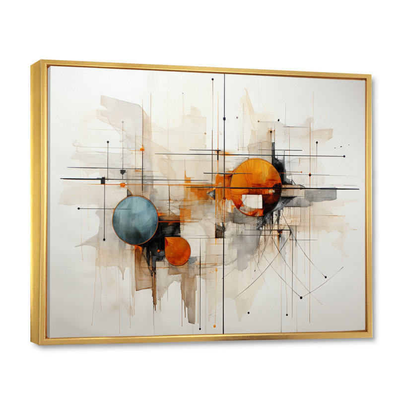 Teal Orange Line Art Conceptual Abstracts I - Art mural pour salon, Cadre flottant doré, H 30 po x l 40 po x P 1,5 po