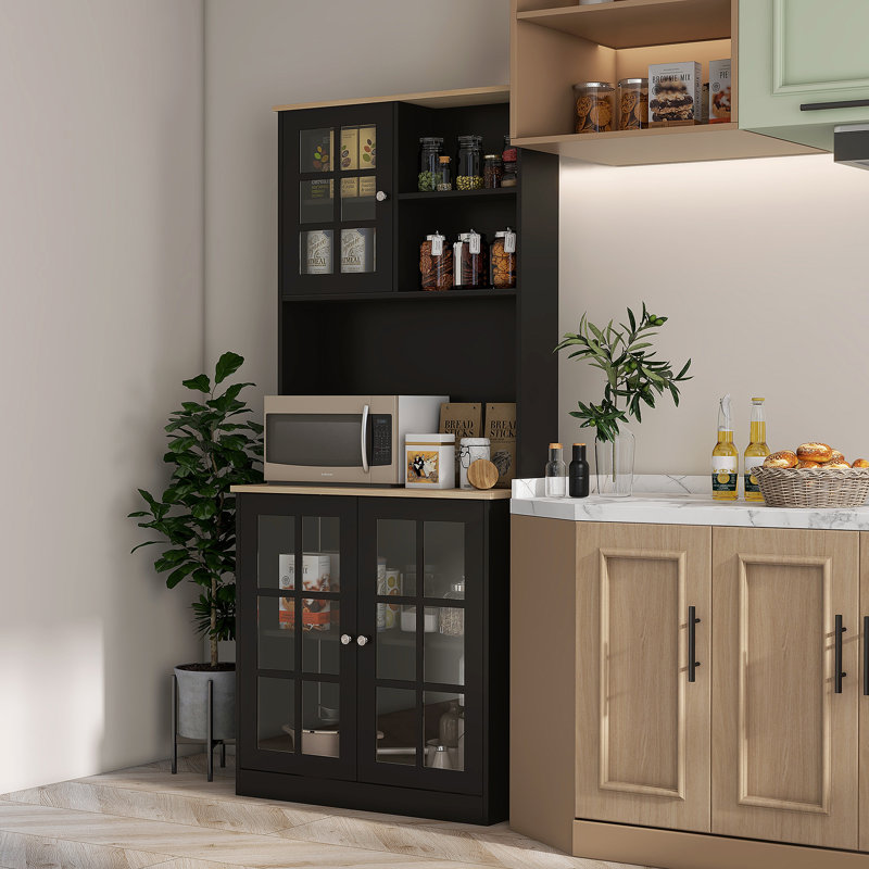 Armoire de cuisine autoportante avec huche, tablettes réglables, portes en verre et grand comptoir pour le rangement de la salle à manger