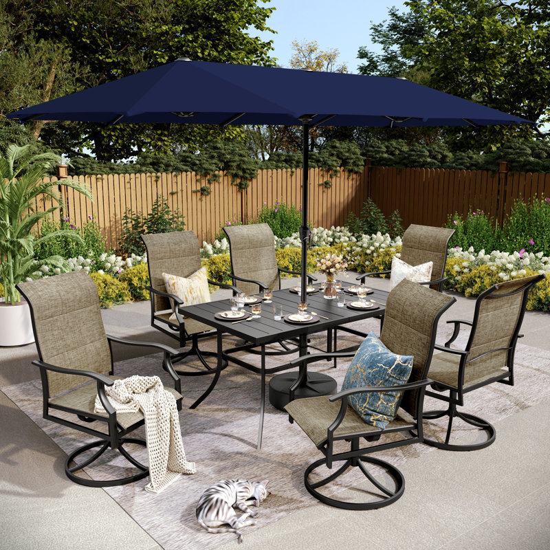 8pcs Rectangle Outdoor Patio Dining Set With Umbrella, Navy